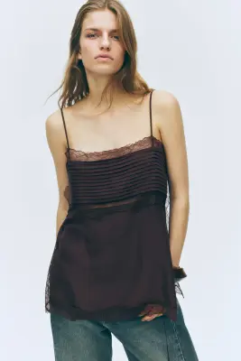 Top à bretelles fines avec dentelle - Marron foncé — photo 3