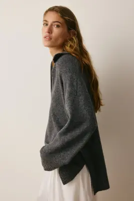 Pull en maille fine avec col - Gris foncé chiné — photo 3