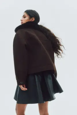 Veste en twill avec col duveteux - Marron foncé — photo 4