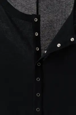 T-shirt Slim Fit à col tunisien en coton - Noir — photo 5