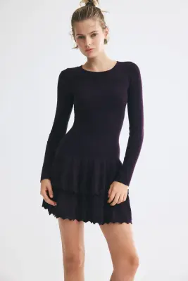 Robe à volants étagés en maille côtelée - Violet foncé — photo 2
