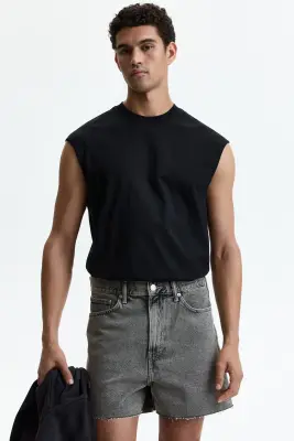 Short baggy court en denim - Gris denim — photo 1