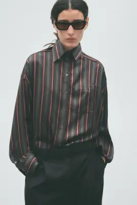 Chemise en satin à effet superposé - Gris foncé/rayé — photo 2