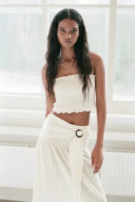 Jupe froissée avec ceinture à nouer - Crème — photo 1
