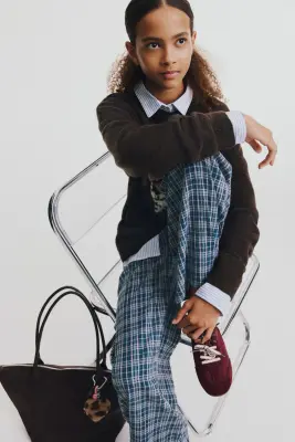 Pantalon à jambes larges en coton - Bleu marine/carreaux — photo 2