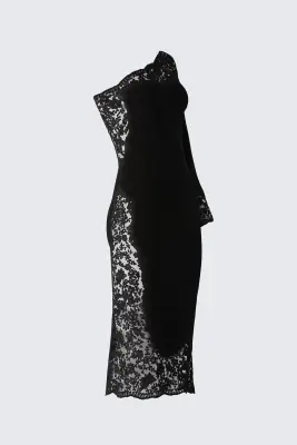 Robe asymétrique en maille avec dentelle - Noir — photo 2