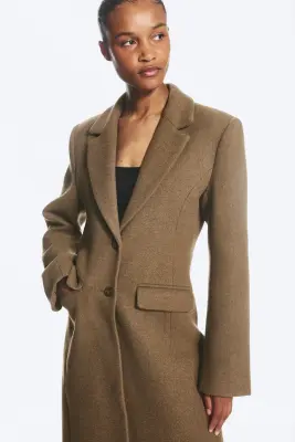 Manteau ajusté en mélange de laine à boutonnage simple - Marron poudré chiné — photo 1