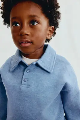 Sweat façon polo en coton - Bleu ancien — photo 2