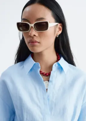 Chemise en lin plissée à la taille - Bleu clair — photo 4