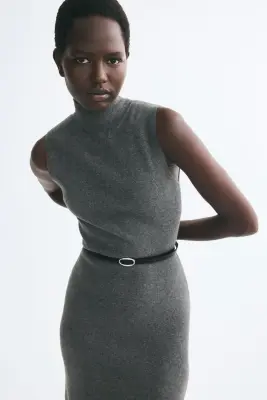 Robe en maille fine avec ceinture - Gris chiné — photo 1