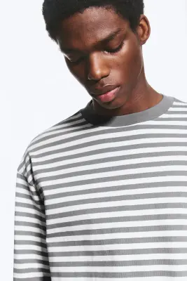 T-shirt ample à manches longues - Blanc/Gris rayé — photo 1