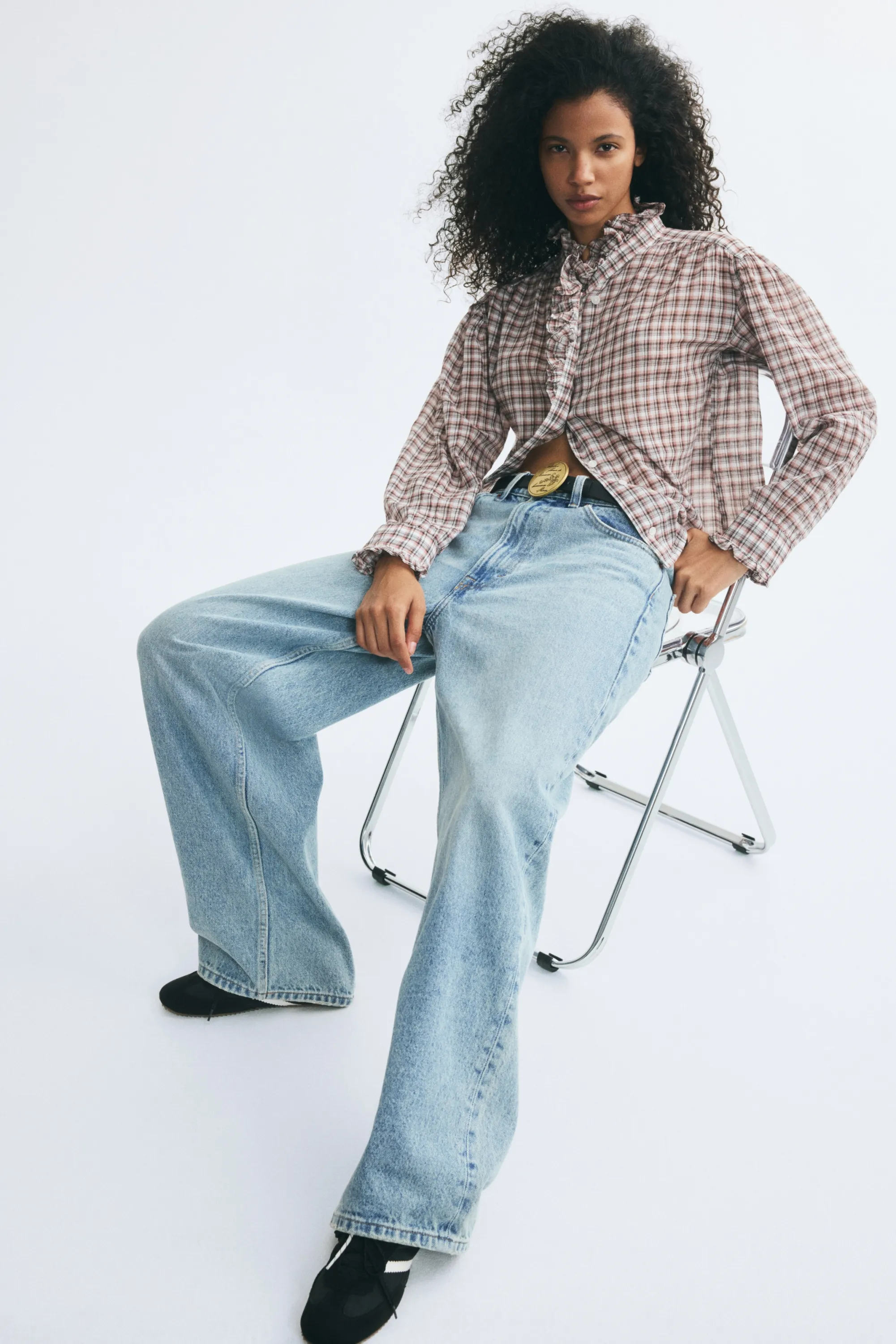 Blouse à volants ruchés - Crème/carreaux