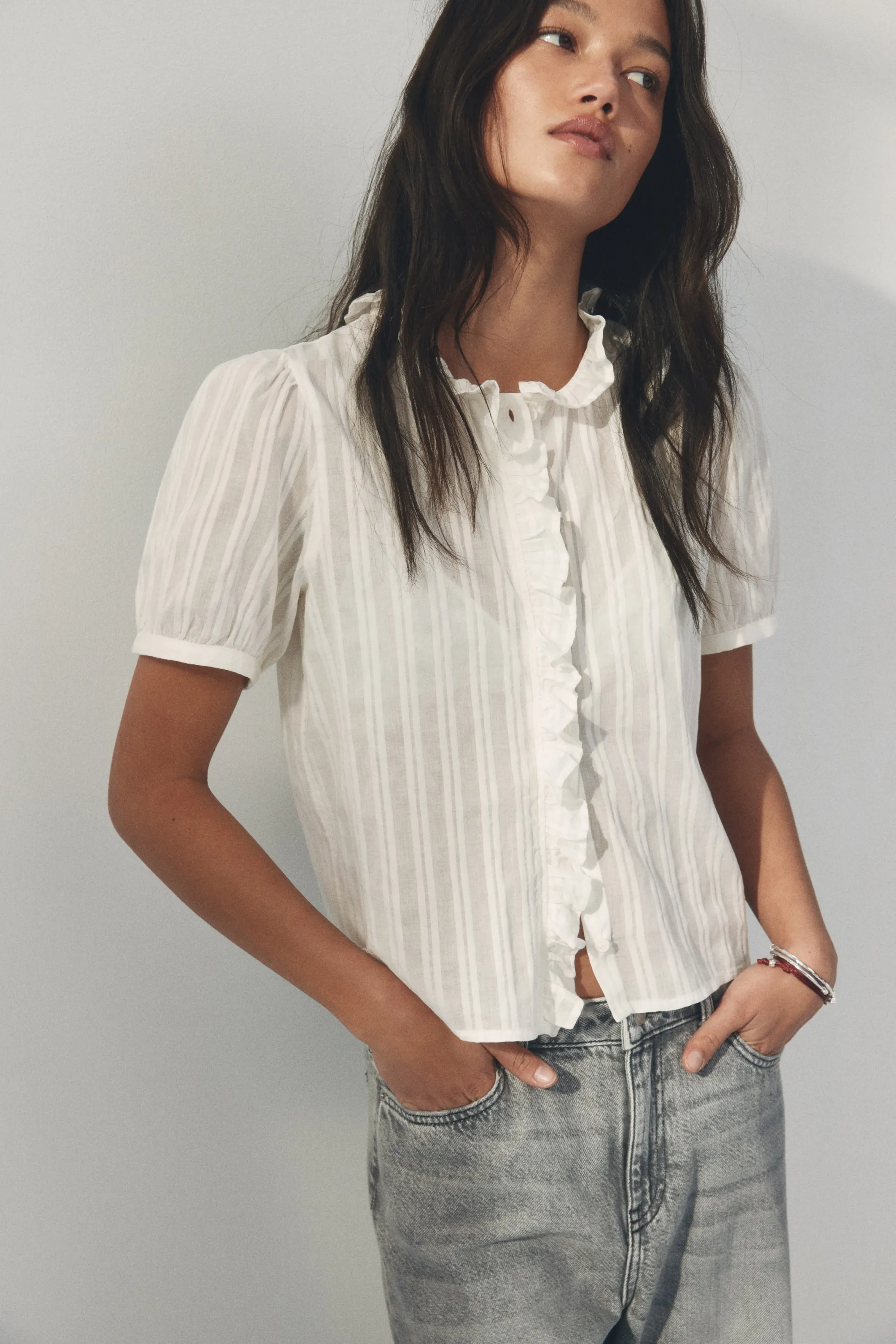 Blouse volantée en coton - Blanc