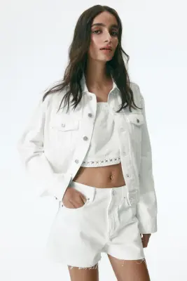 Short en denim avec bords à cru - Crème — photo 1