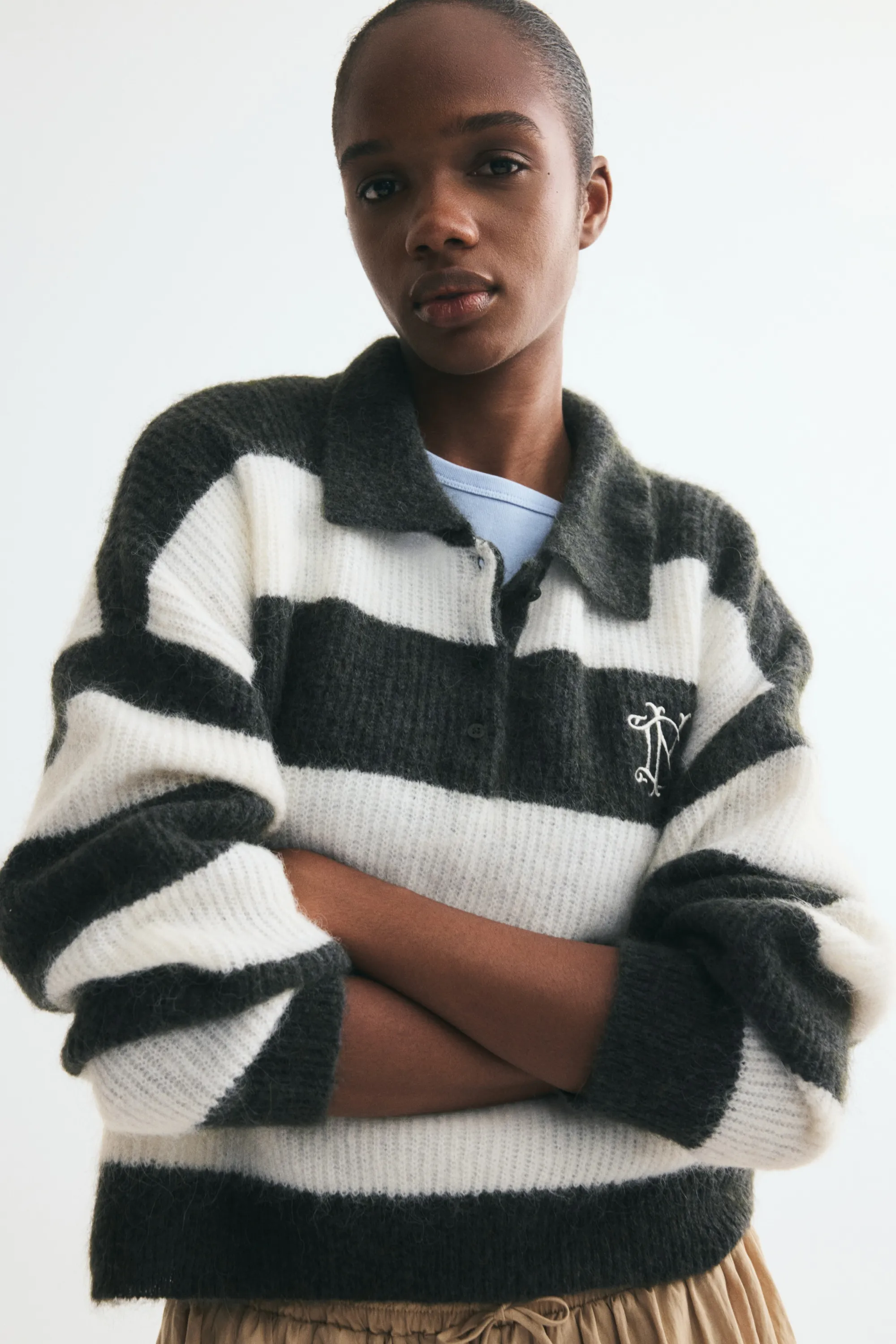 Pull façon polo en maille côtelée - Crème/rayures vert foncé