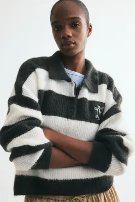 Pull façon polo en maille côtelée - Crème/rayures vert foncé — photo 1