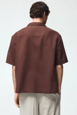Chemise Relaxed Fit en lin mélangé avec col cubain - Marron — photo 3