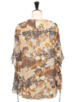 Blouse en soie manches longues fleuri camel beige et lamé doré Prix boutique 1290€ Taille 36 — photo 4