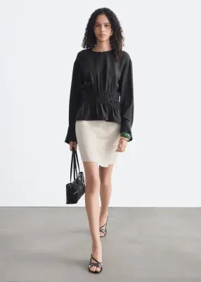 Blouse en lin avec taille à smocks - Noir — photo 2