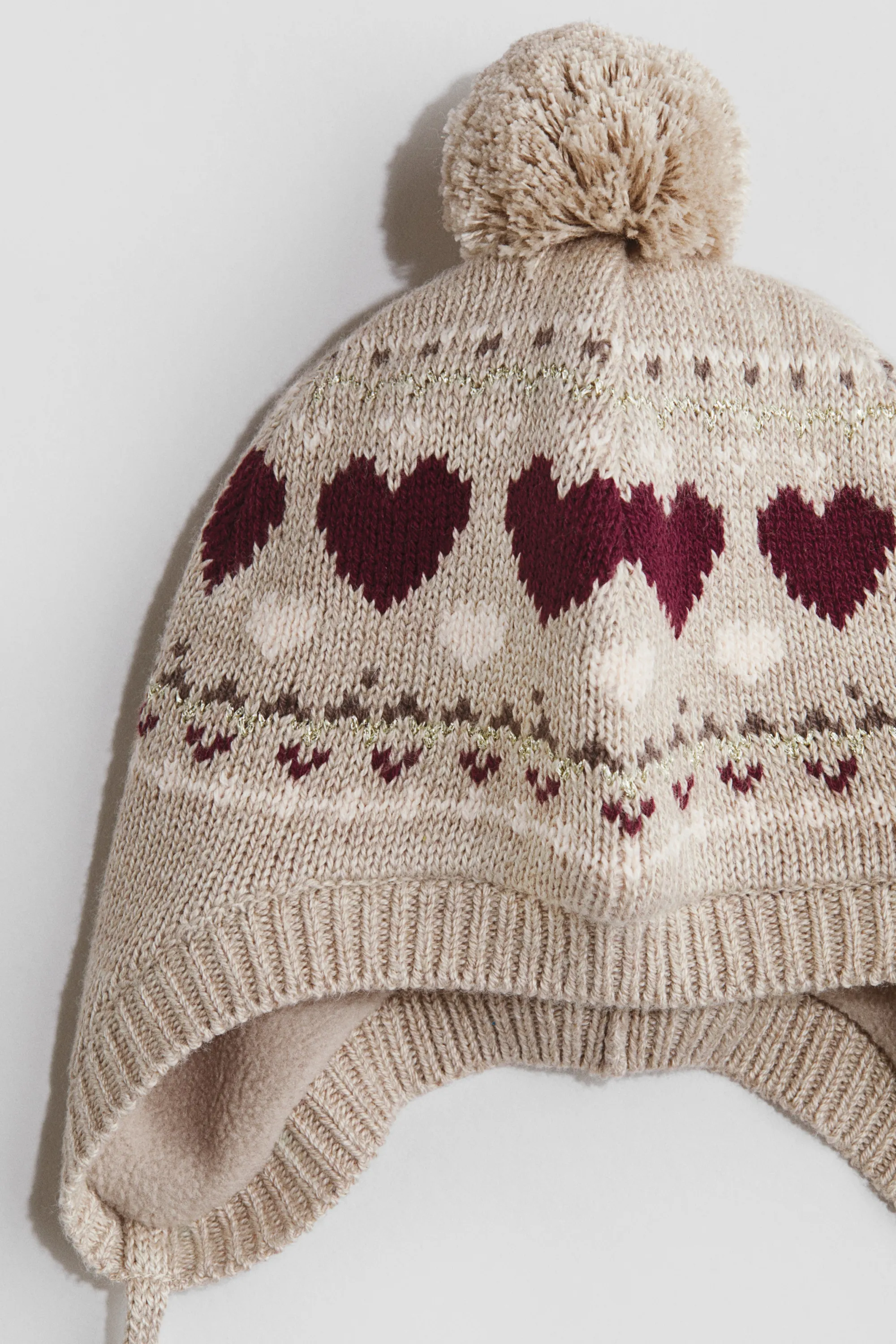 Bonnet à rabats d'oreilles avec doublure polaire - Beige clair/cœurs
