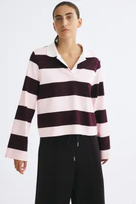Polo en coton - Rose clair/rayures bordeaux — photo 1