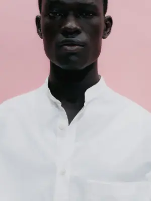 Chemise en popeline à col mao - Blanc cassé — photo 3