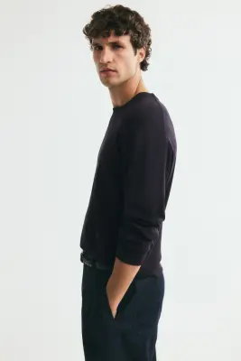 Pull Regular Fit en maille fine - Bleu marine — photo 4