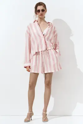 Short à cordon en lin mélangé - Rose clair/rayé — photo 1