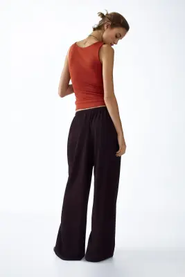 Pantalon large avec taille élastique - Marron foncé — photo 4