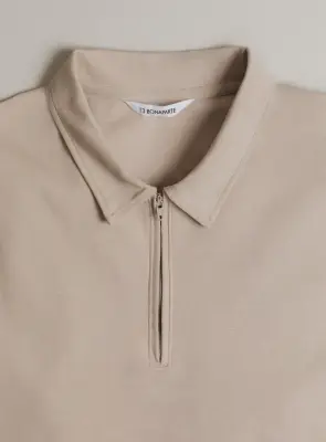 Long Sleeve Zipped Poloshirt in Beige Technical Knit — photo 2