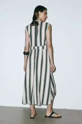Robe chemise avec ceinture à nouer - Crème/rayures noires — photo 3