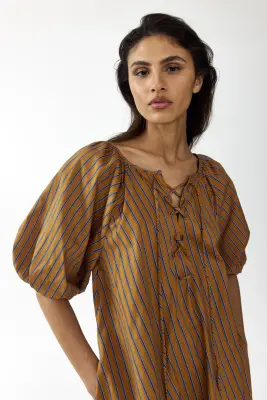 Robe trapèze en popeline - Marron/rayé — photo 1