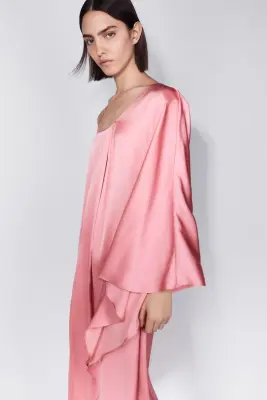 Robe caftan asymétrique en satin - Rose — photo 2