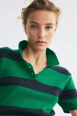 Polo en maille fine - Vert/rayures bleu marine — photo 1