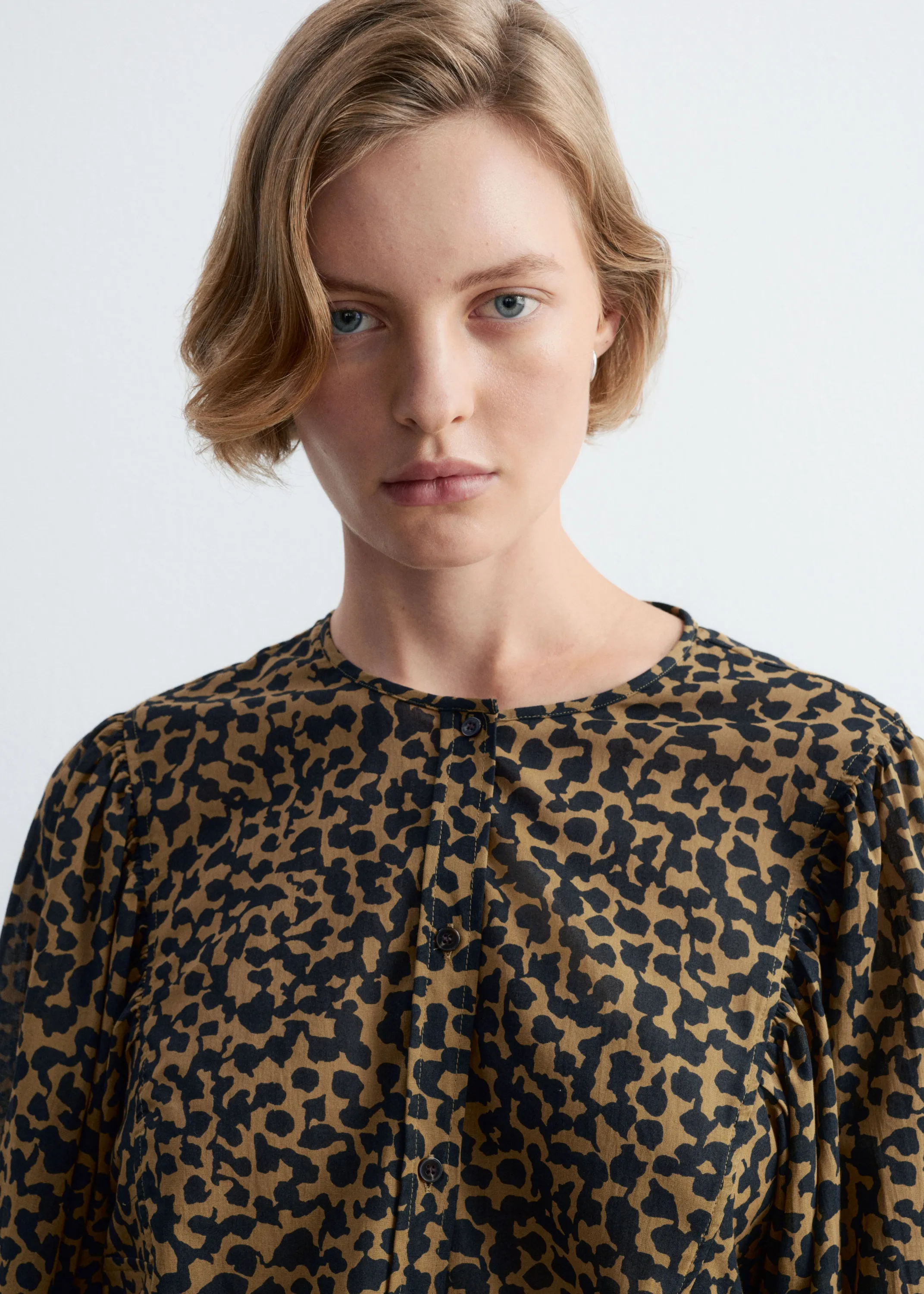 Blouse froncée en coton - Vert olive/Imprimé