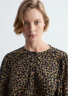 Blouse froncée en coton - Vert olive/Imprimé — photo 1