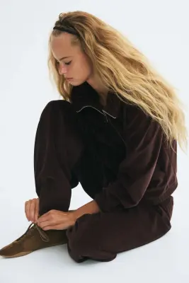 Sweat zippé en velours maille - Marron foncé — photo 3
