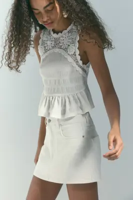 Jupe-short en denim avec taille haute - Crème — photo 4