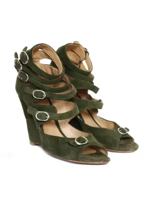 Sandales multi strap compensées en suede vert kaki Px boutique 600€ Taille 40 — photo 3