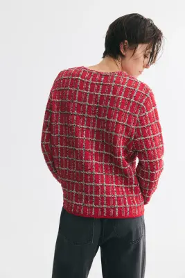 Gilet frangé en maille jacquard - Rouge/motif — photo 4