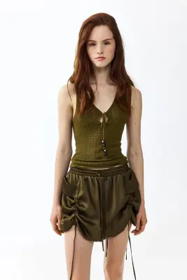 Pointelle-knit tie-detail top - Vert olive — photo 1