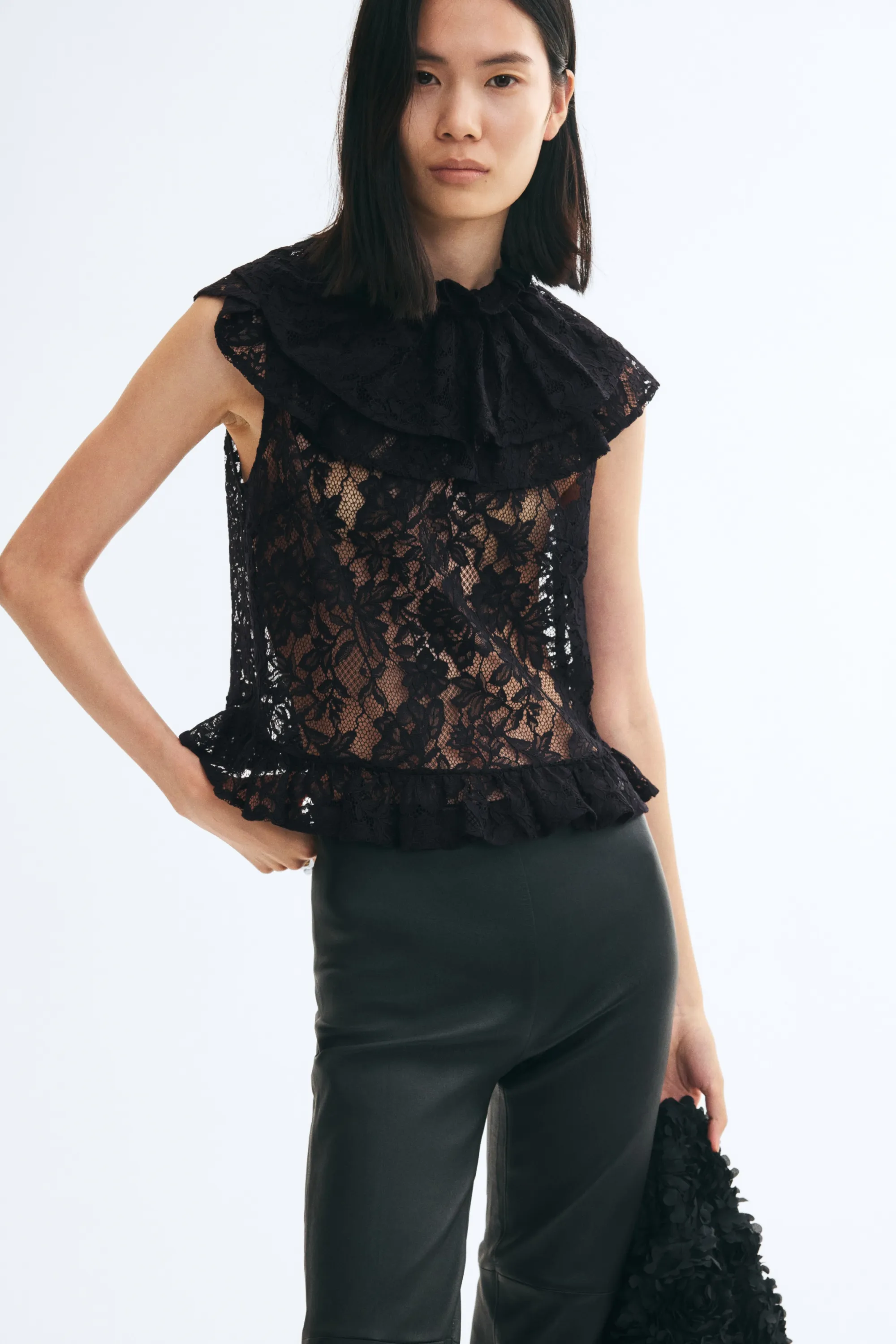 Top volanté en dentelle - Noir