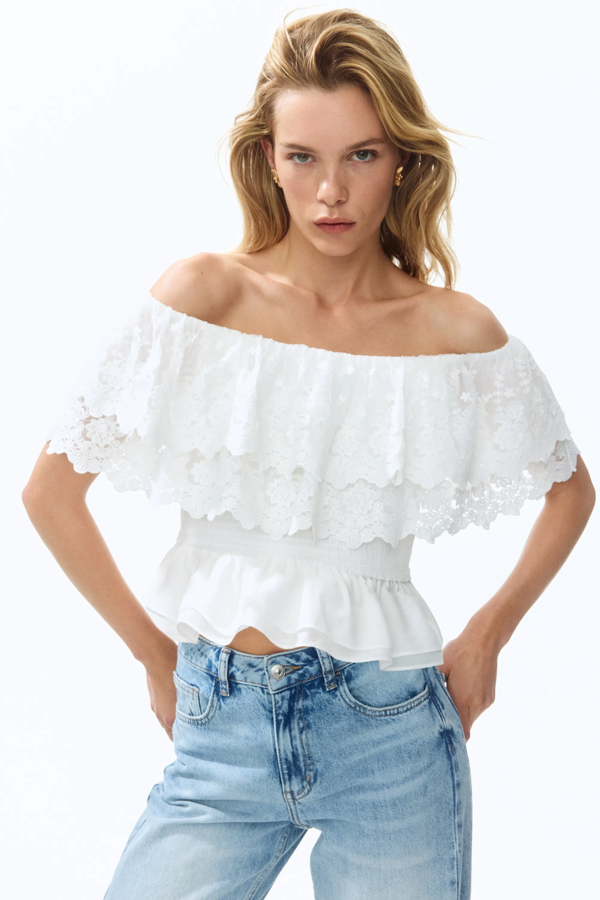 Top épaules nues volanté - Blanc