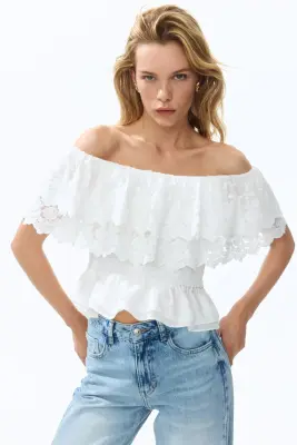 Top épaules nues volanté - Blanc — photo 1