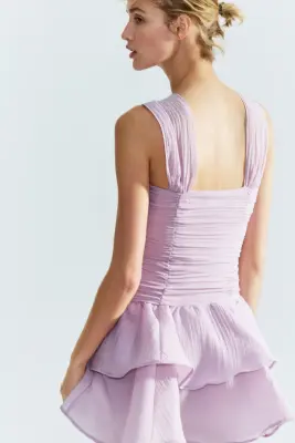 Robe ruchée avec jupe évasée - Violet clair — photo 4