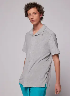 Chemise Gris chiné clair Col Chemise Manches Courtes en Coton / Modal — photo 4