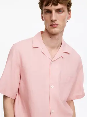 Chemise décontractée en lin avec col cubain - Rose clair — photo 2