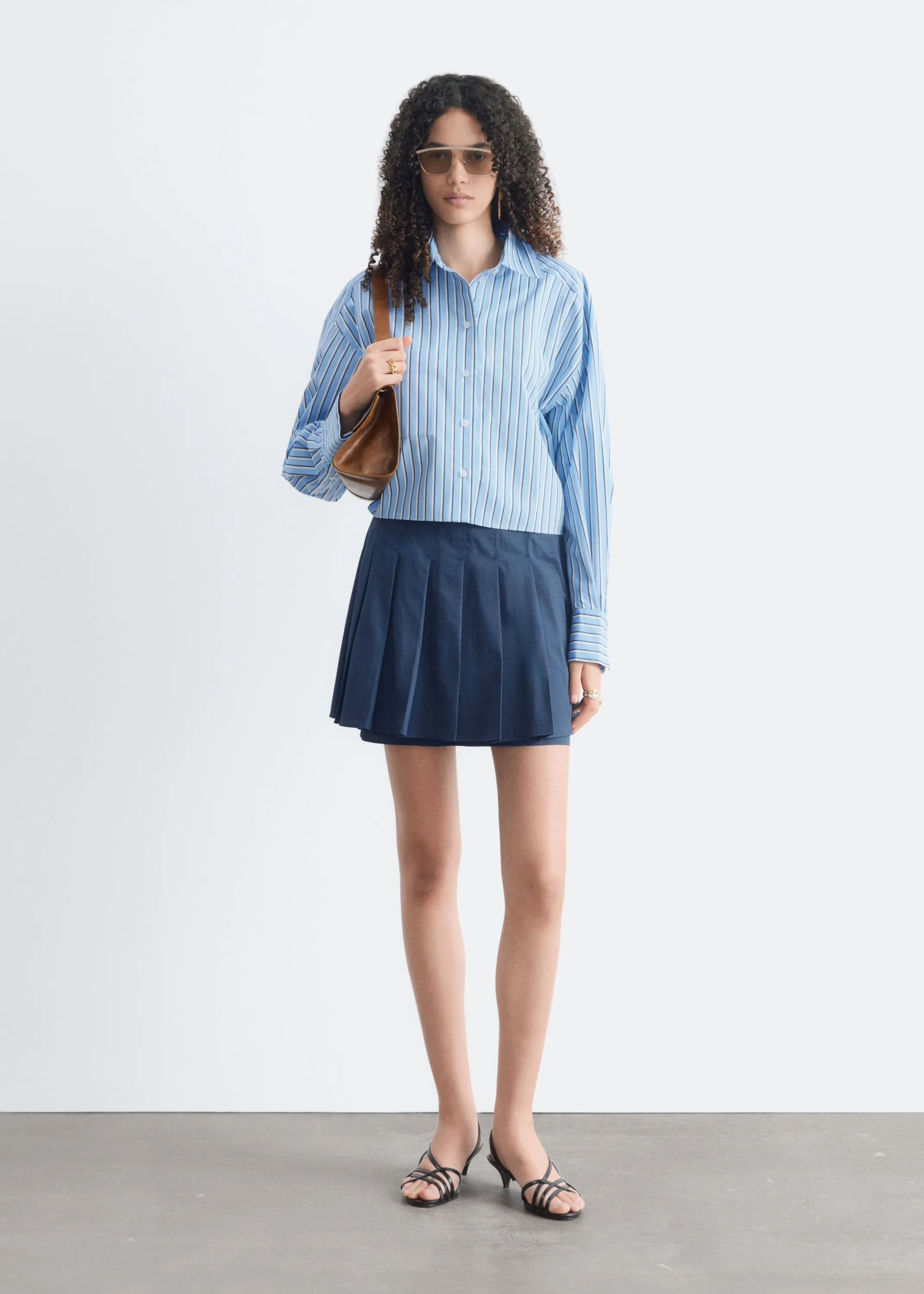 Chemise courte en sergé de coton - Bleu/Rayé