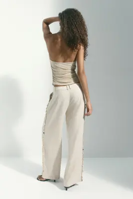 Pantalon ornementé en lin mélangé - Beige clair — photo 3