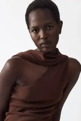 Top asymétrique avec détail façon écharpe - Marron foncé — photo 1